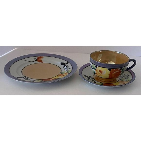 Vintage Lusterware Dessert Plate Cup Saucer Japan Peach Blue Floral Lustreware - Picture 2 of 5